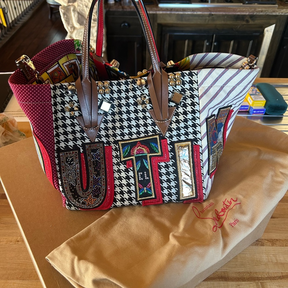 Christian Louboutin Caracaba Tote Bag White Red multi Satin Cotton Leather
